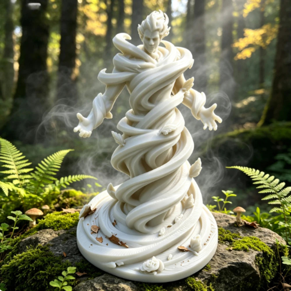 statue spirale vent fantôme noir blanc argenté artisanal main sculpté détails floraux base fantaisie