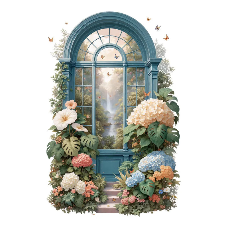 sticker mural 3d vintage fenêtre paysage fleurs papillons deco chambre salon entree