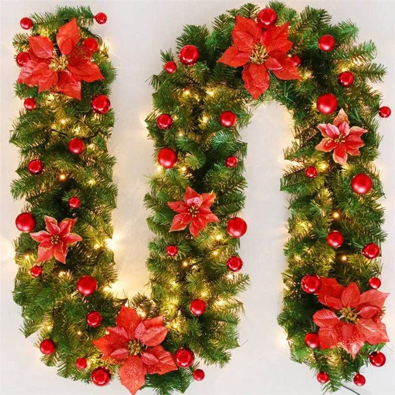 Guirlande Noël fleurs artificielles boules décoratives lumineuses intérieur festif vert doré rouge bleu