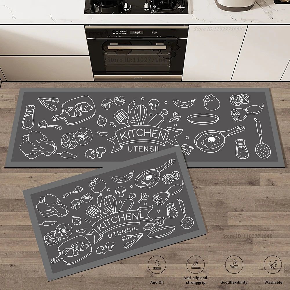 tapis cuisine noir gris anti fatigue antidérapant moderne graphique ustensiles cuisine coeurs