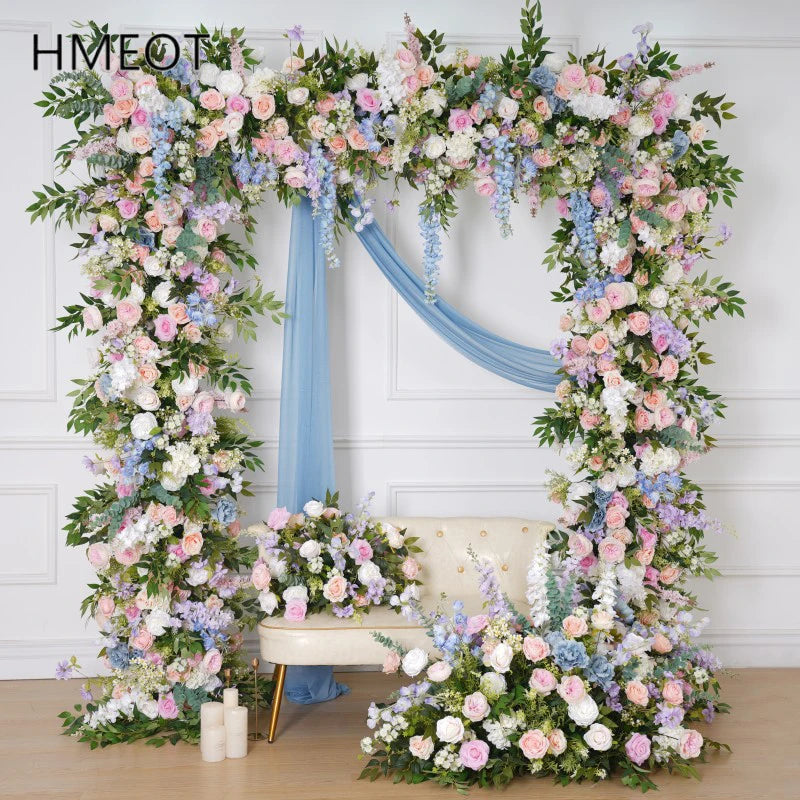 arche florale artificielle rose blanche bleu clair mariage anniversaire décoration extérieure classique romantique