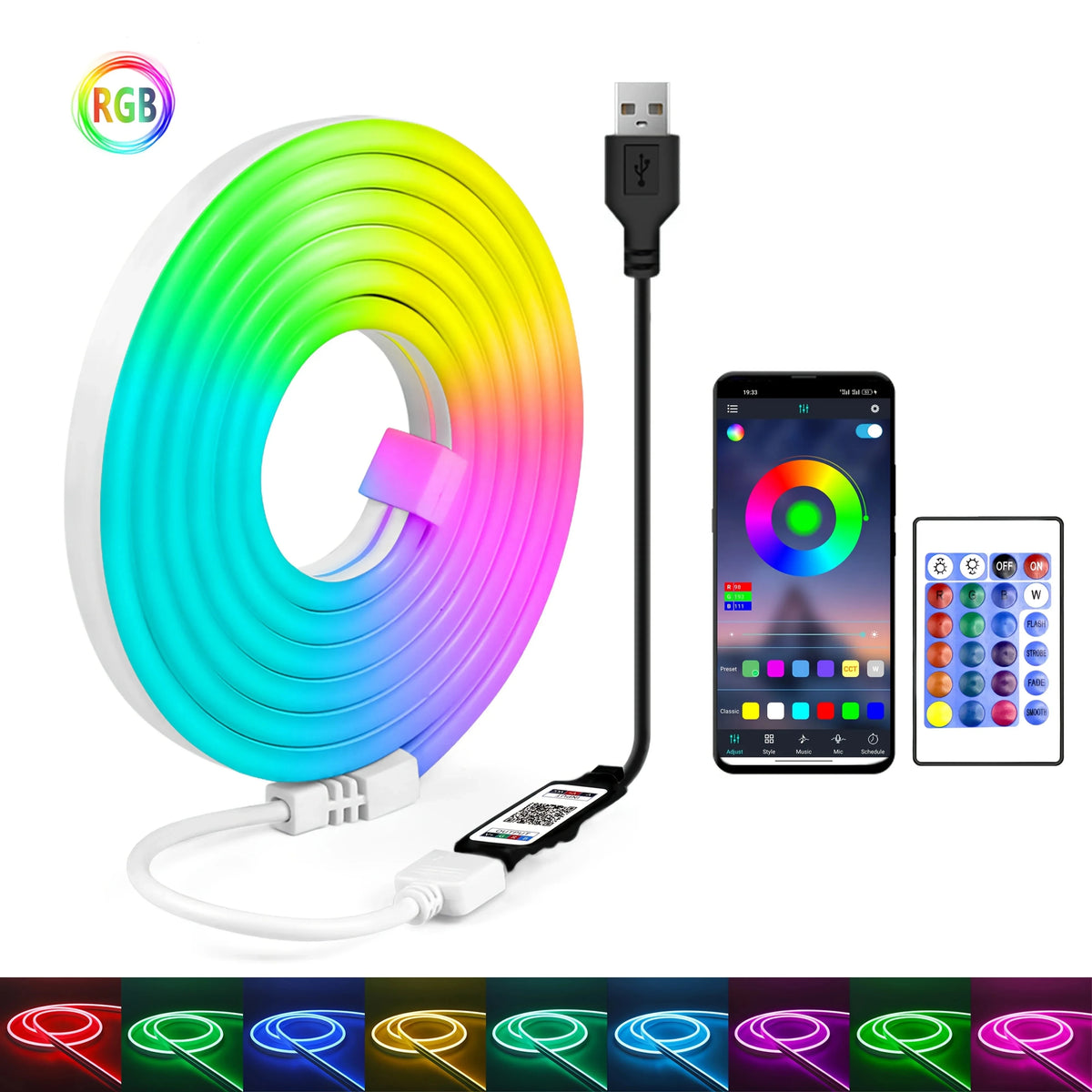 ruban led flexible multicolore rayures concentriques moderne télécommande application usb éclairage décoration festive