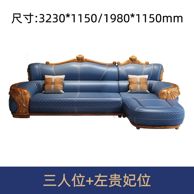 Canapé d'angle bleu cuir ornements dorés coussins décoratifs classique moderne salon shape