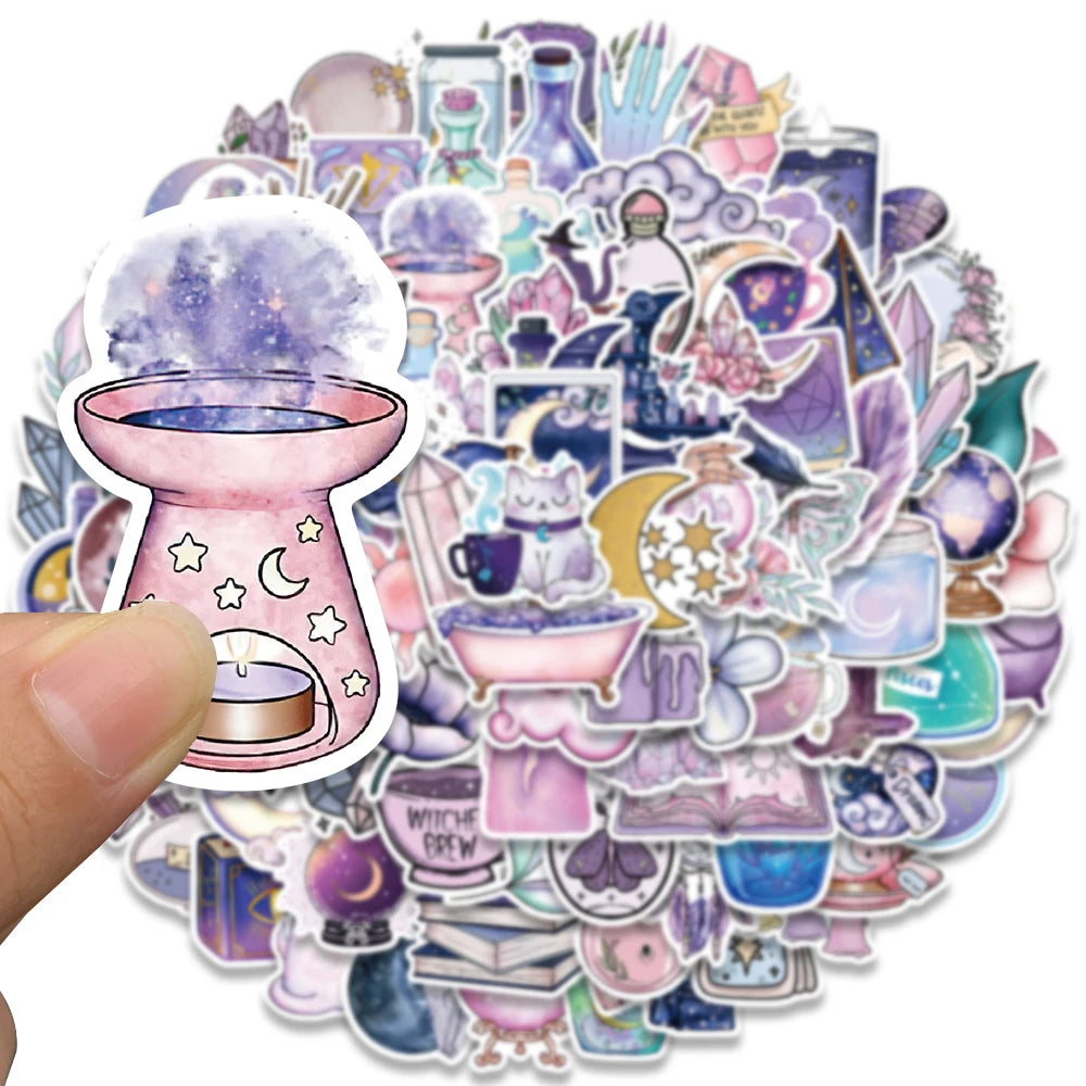 stickers illustratifs fantastiques lune cristaux potions chats violet rose blanc noir