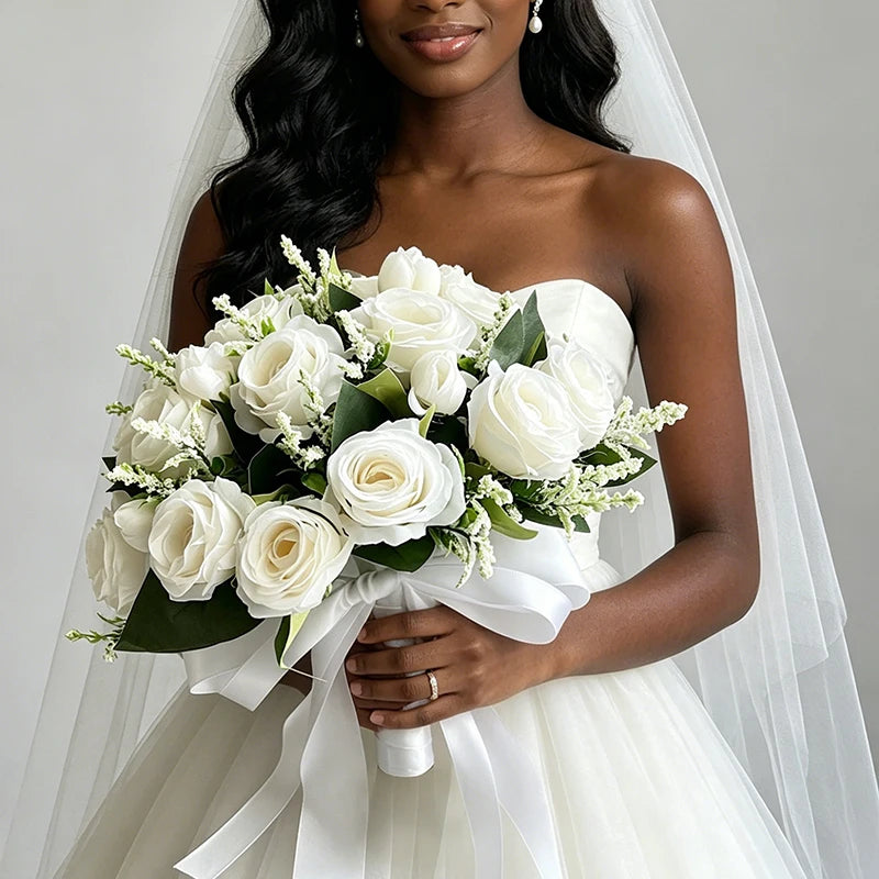 bouquet fleurs artificielles roses blanches vertes mariage blanc voile romantique classique