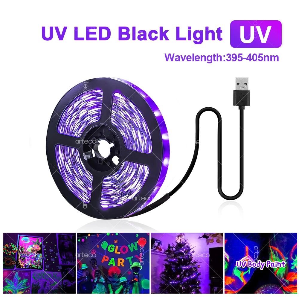 ruban led uv noir lumineux points blancs adhésif moderne technologie usb câble alimentation