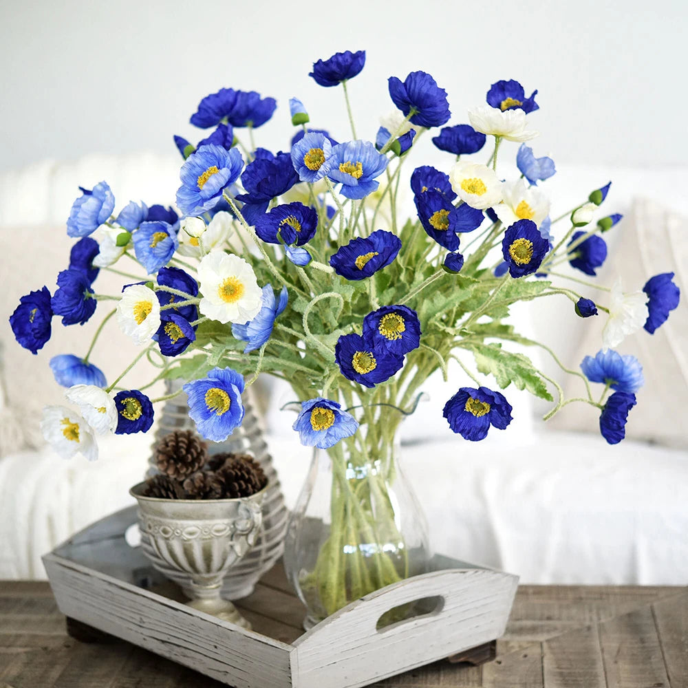 bouquet artificiel fleurs bleu vert feuilles modernes décoration intérieure mariage minimaliste