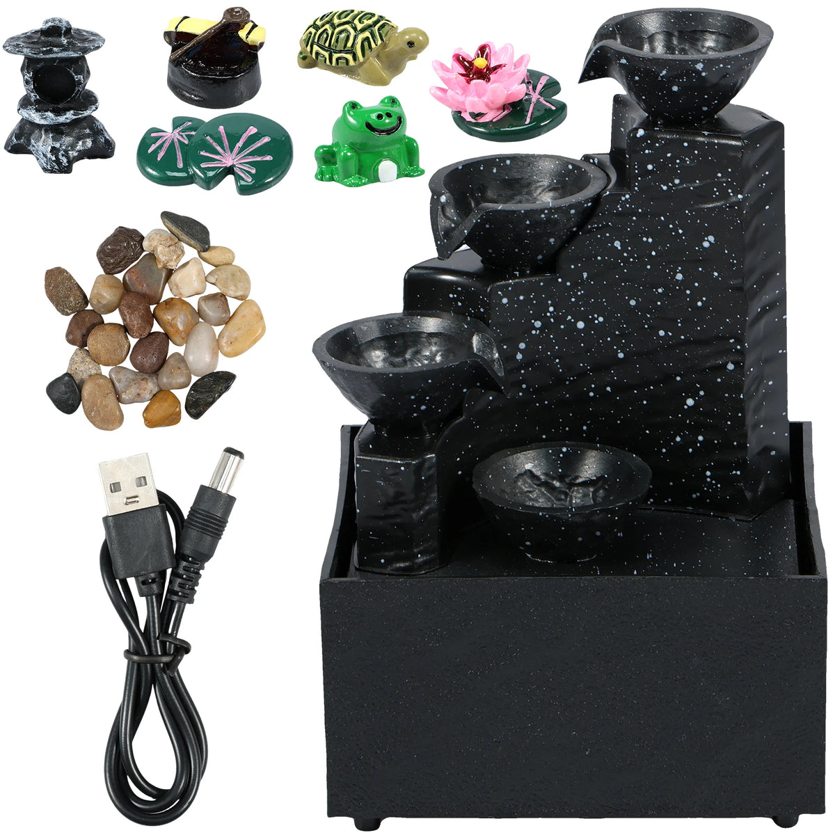 fontaine d'intérieur moderne pierres naturelles lumière led dorée base noire relaxation décoration chambre salon