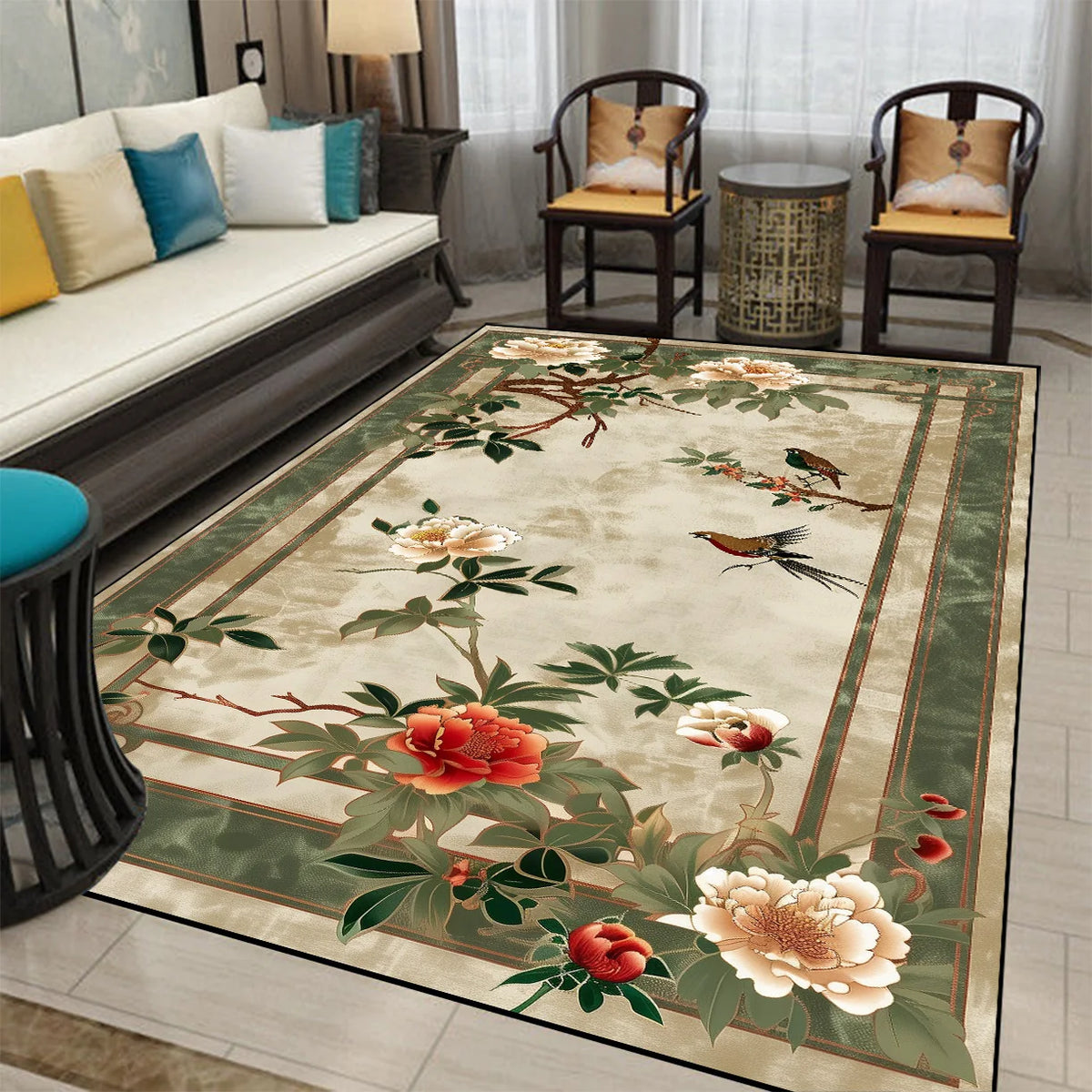 Un magnifique tapis orné de fleurs et d'oiseaux dans un style asiatique traditionnel, créant une atmosphère de sérénité et d'élégance dans cette pièce contemporaine.