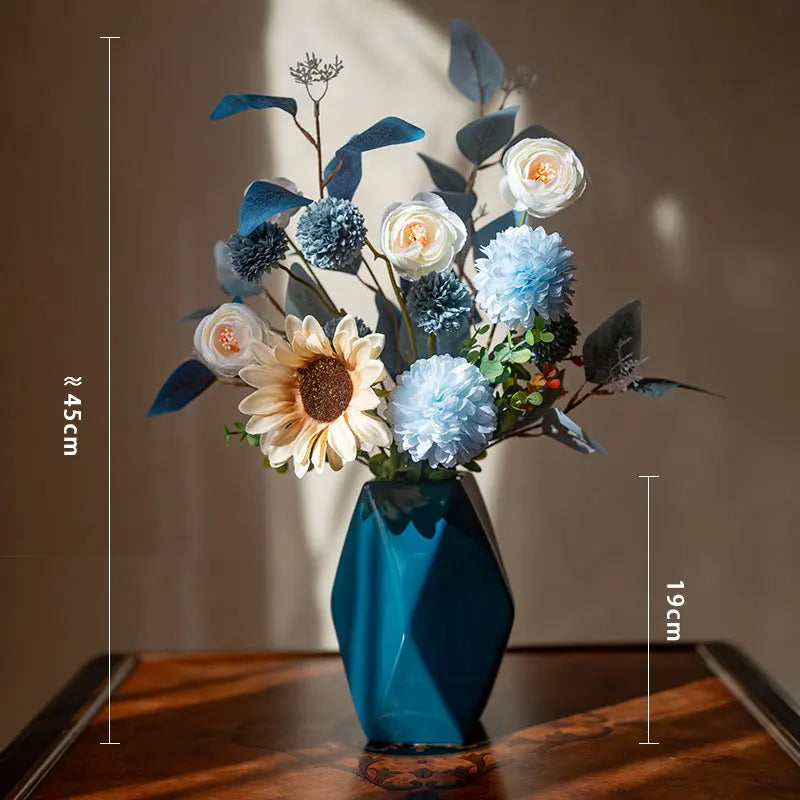 bouquet fleurs artificielles vase bleu foncé blanc crème modernes décoration intérieure mariage anniversaire