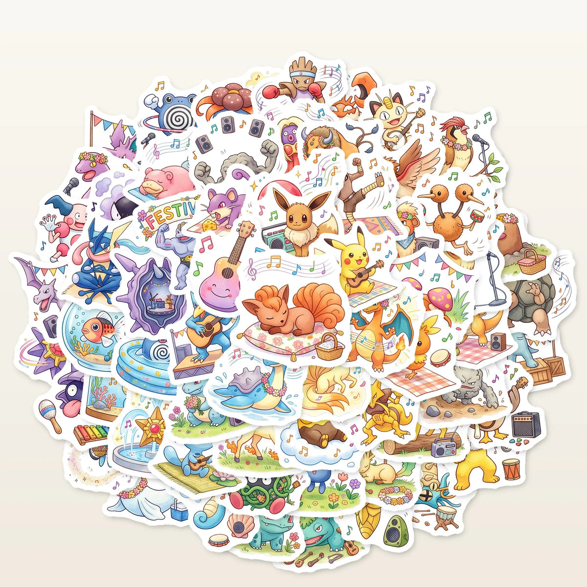 sticker anime pokemon kawaii musiquesommer watercolor enfants ado adultes 105pieces orange bleu rose vert