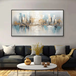 tableau contemporain abstrait arbres dorés ville bleu gris sans cadre