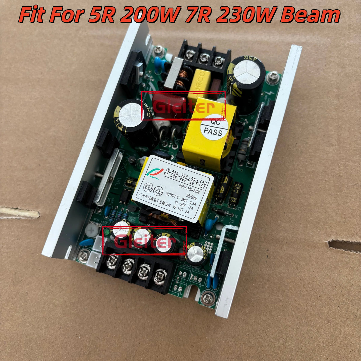 transformateurs alimentation projecteurs scène lampes faisceau mobiles circuits imprimés condensateurs bobines orangers grisés jaunes