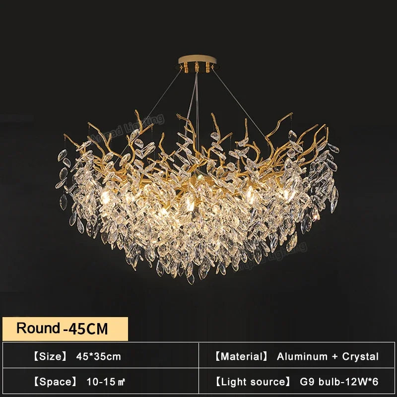 Suspension lumineuse contemporaine transparente dorée branches feuilles LED 100cm