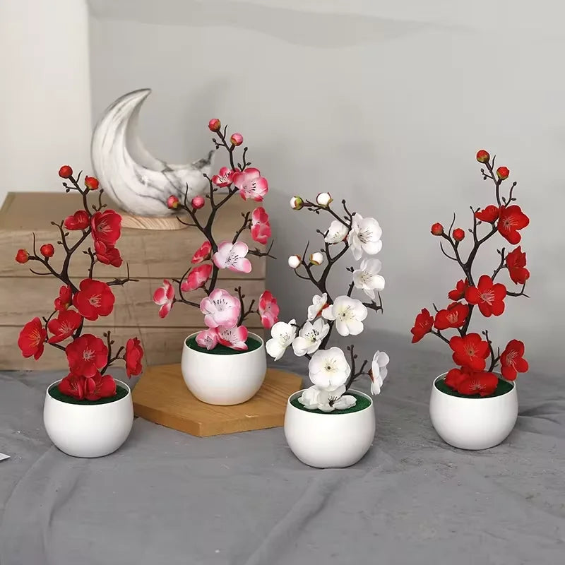décoration intérieure plante artificielle bonsaï fleurs simples feuilles roses blanches rouges jaunes moderne minimaliste