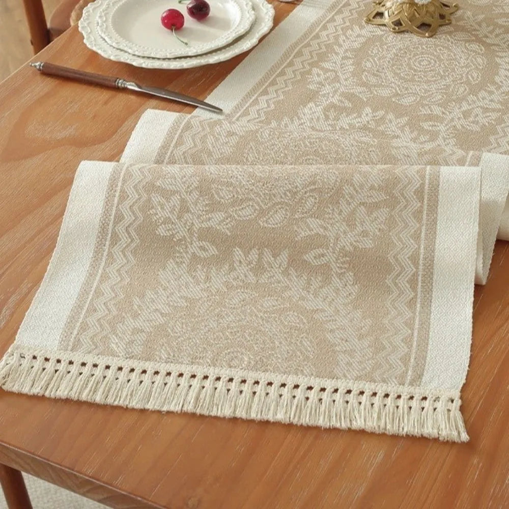 nappe table beige geometrique franges tissage rustique boheme abstrait 180cm 35cm