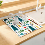 tapis cuisine gris blanc motif géométrique moderne assiettes verres couverts bol cuillère assaisonnement 50cm