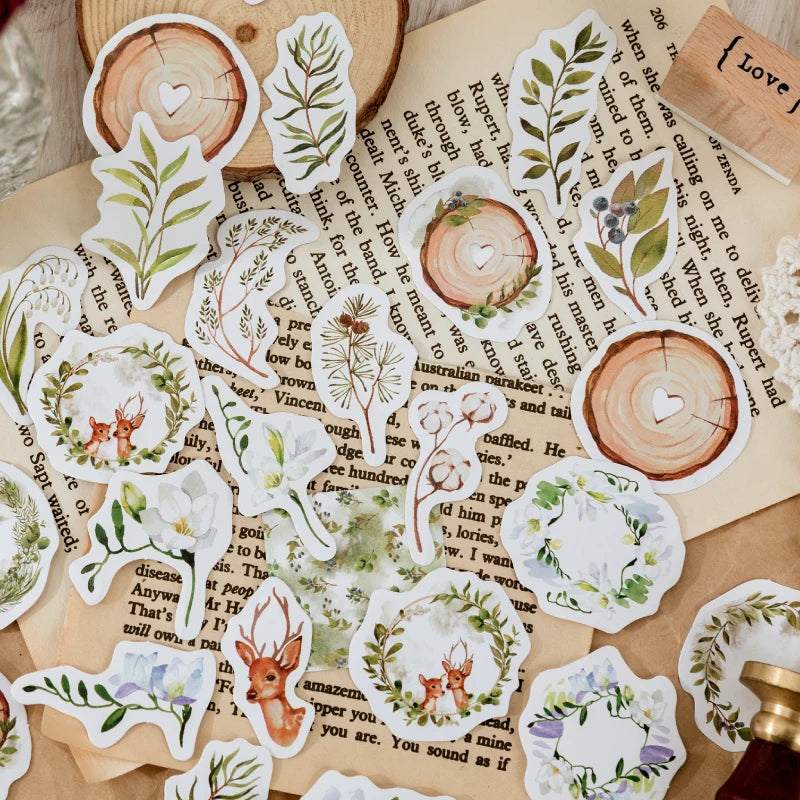 stickers autocollants animaux végétaux botaniques aquarelle rustique pages journal intime fleurs feuilles cerfs