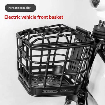 panier avant vélo électrique noir structure grille couvercle poignée fixations utilitaire rangement sac plastique