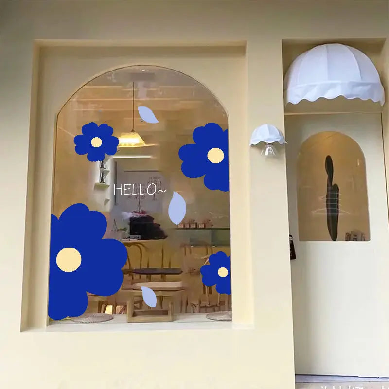 sticker mural bleu fleurs stylisées moderne adhésif diy décoration cuisine salle bain pvc miroir