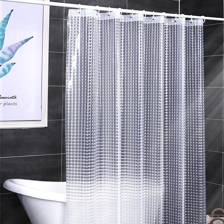 rideau douche transparent carreaux géométriques moderne ourlet lesté dimension 240cm anneaux fixation