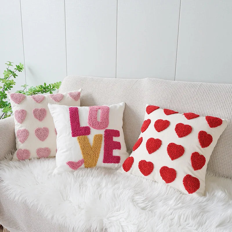 taies d'oreiller jacquard brodé fleurs cœurs LOVE divers couleurs décoration intérieure romantique printemps