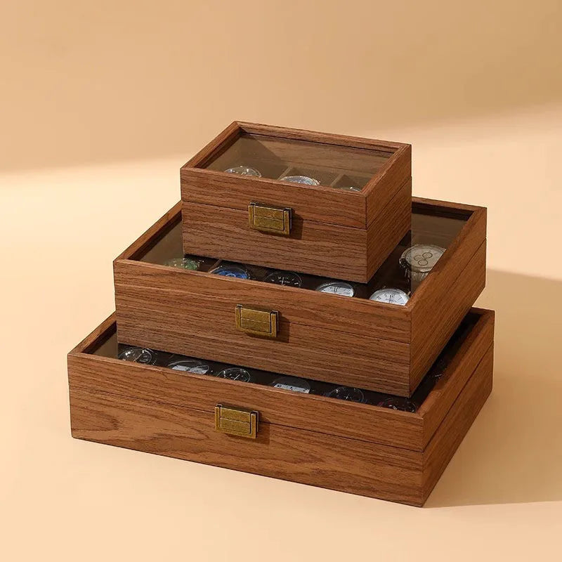 boîtes montres bois foncé grain naturel classique boutons dorés montres bracelets bijoux