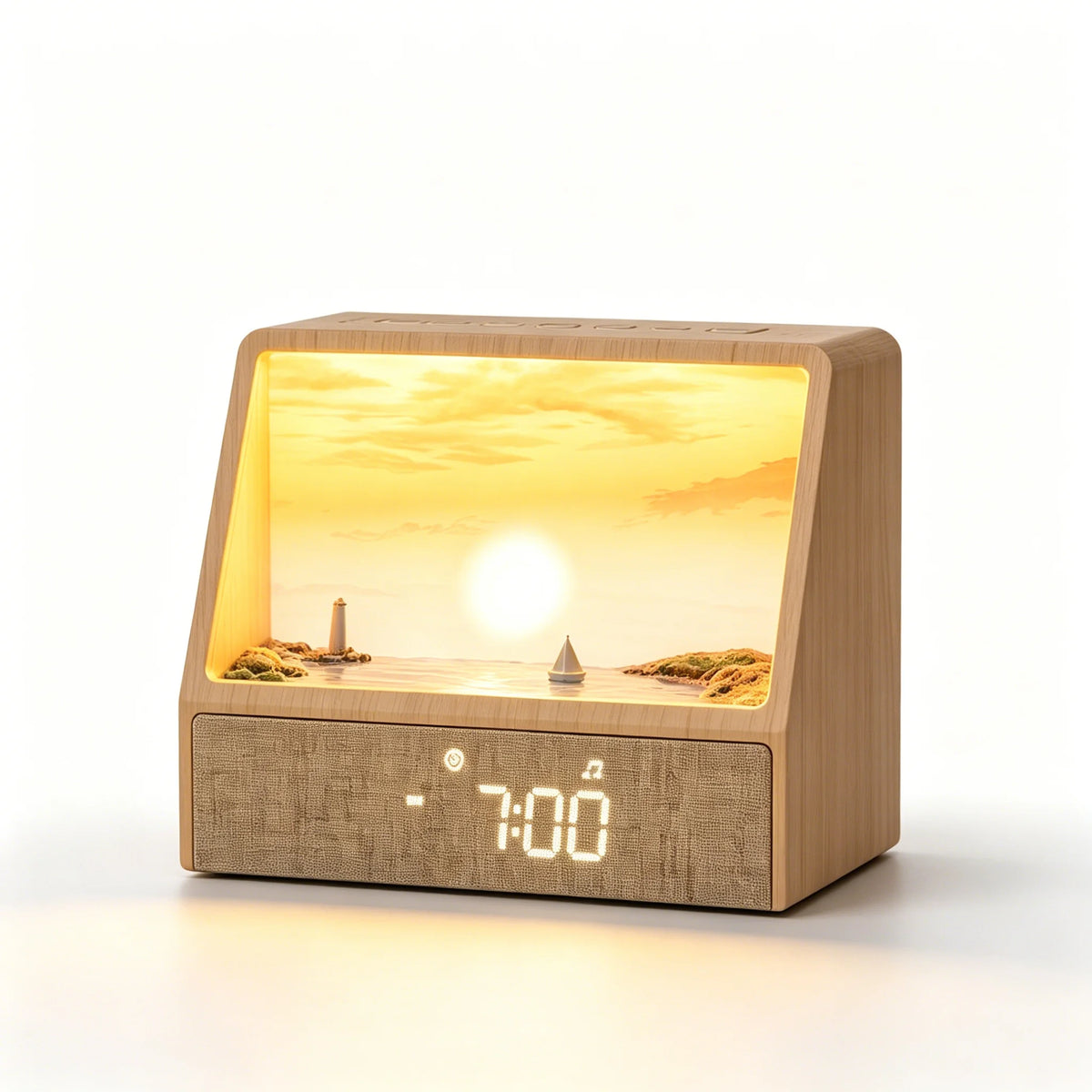 réveil lumineux veilleuse sons apaisants bruit blanc horloge minimaliste texture boisée scène décorative phare