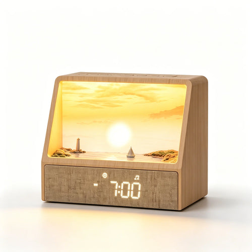réveil lumineux veilleuse sons apaisants bruit blanc horloge minimaliste texture boisée scène décorative phare