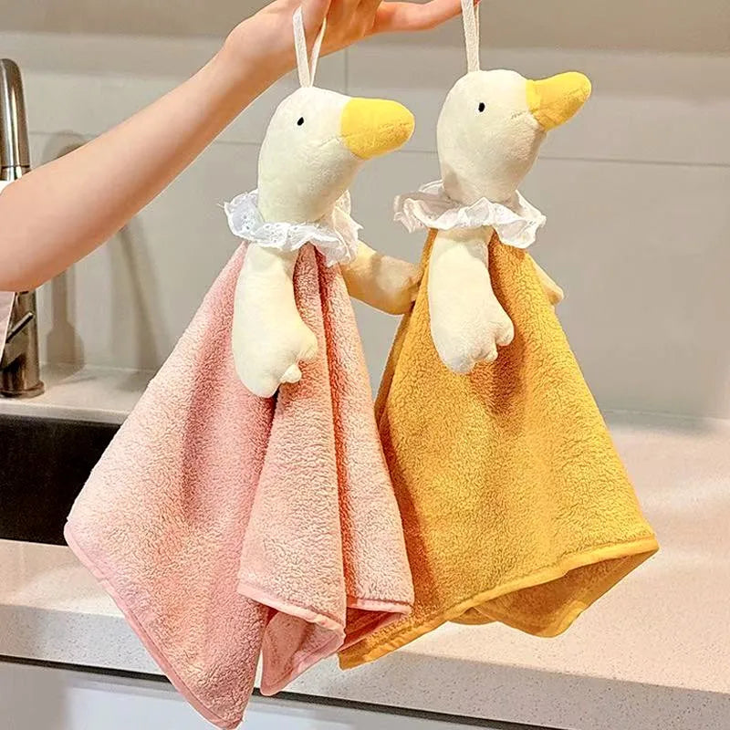 serviette moelleuse canard peluche rose jaune mignonne cuisine salle bain accrochable