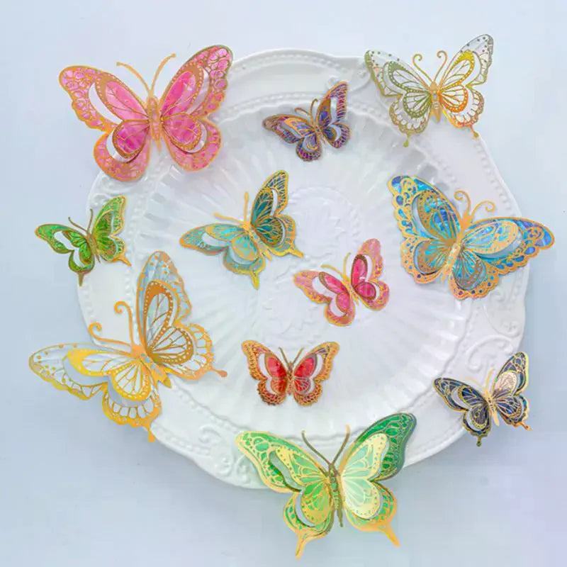 papillons décoratifs transparents effet holographique adhésifs 3d élégants rose vert bleu doré pack 12