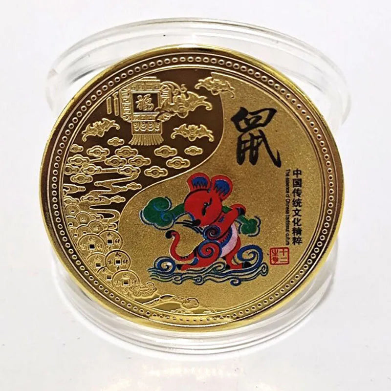 médailles zodiaque chinois animaux symboles yin yang decoration florale or rouge noire bleu verte
