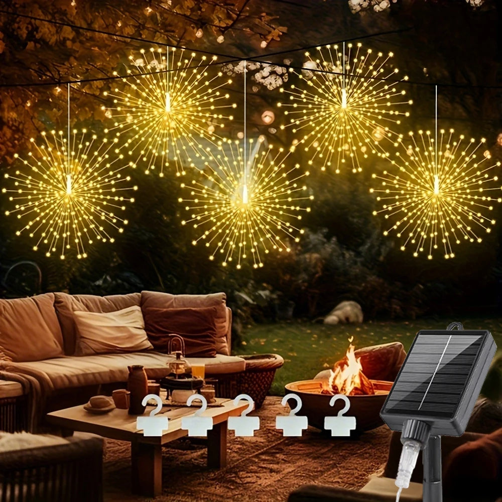 guirlande lumineuse solaire blanc doré feux d'artifice moderne clips extérieur modes éclairage festive jardin