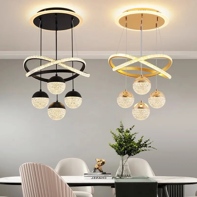 suspension lumineuse moderne or noir diamants transparents anneaux brillants contemporain led