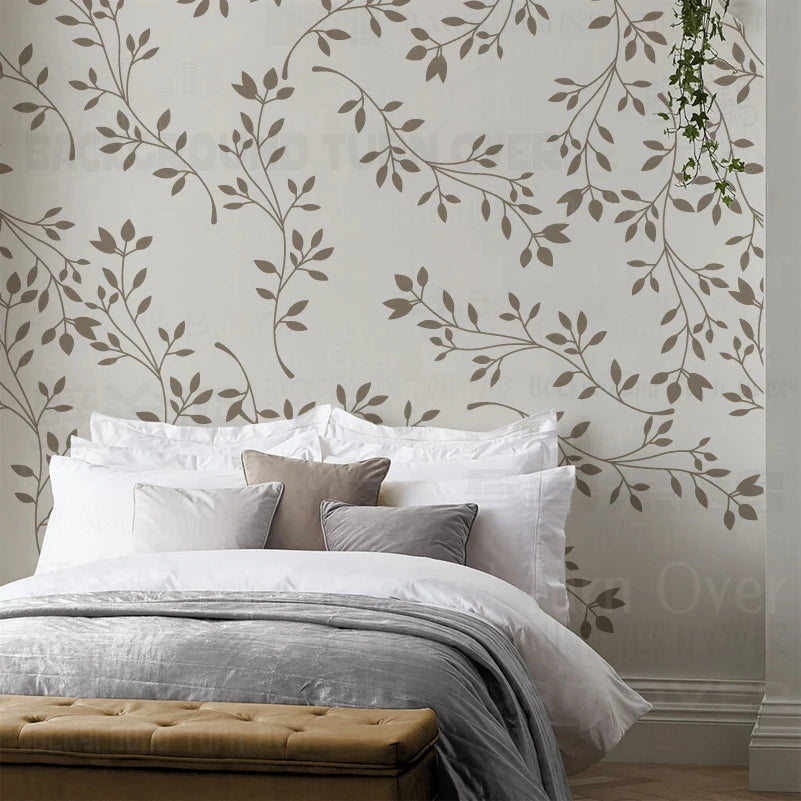 papier peint moderne branches feuilles beige gris opaque adhésif mural décoration intérieure contemporain fixations