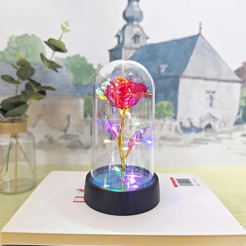 rose artificielle verre transparent led bleu doré décoration intérieure anniversaire saint valentin préparation mariage