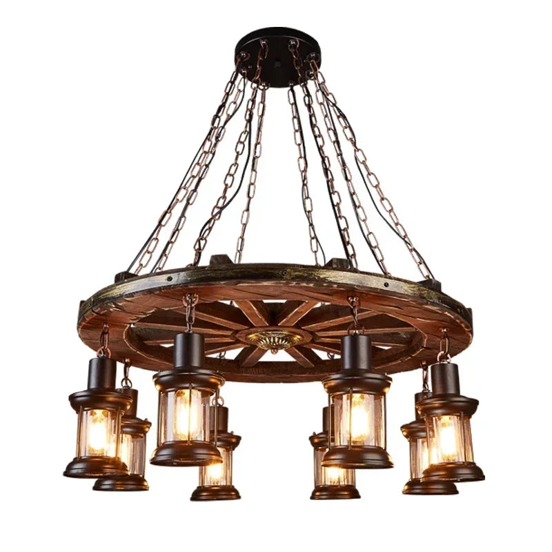 Suspension lumineuse industrielle marron doré verre translucide ampoules métal bois vintage