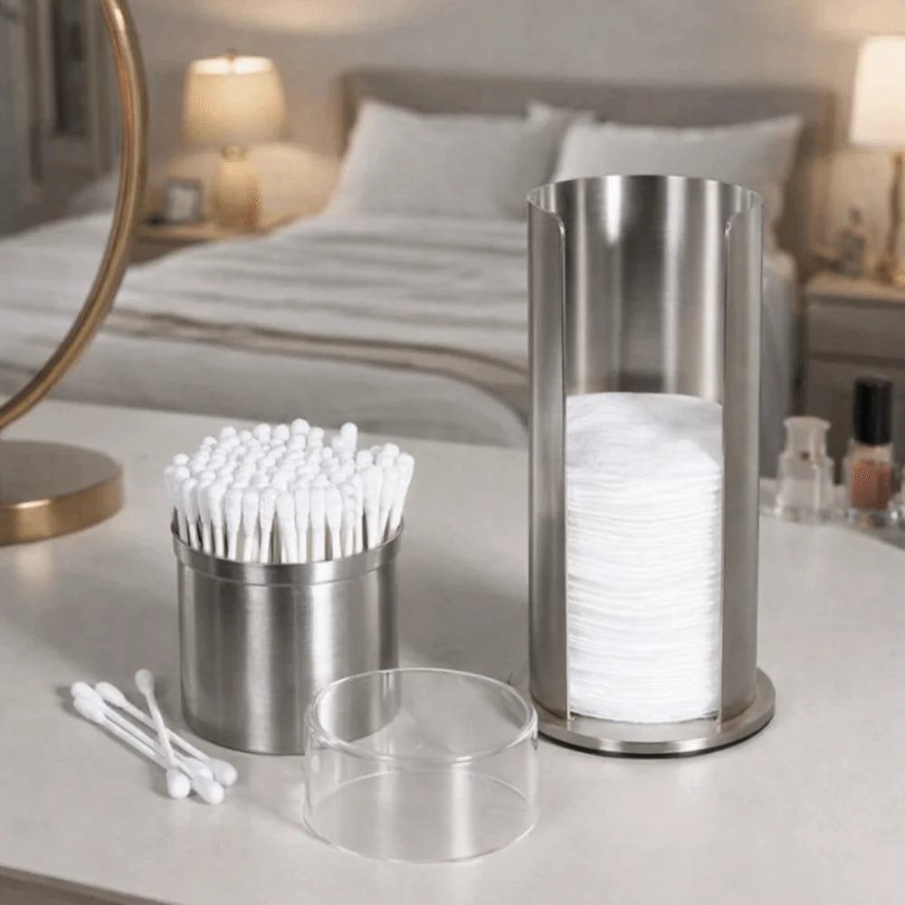 boîte rangement salle bain argentée moderne transparente coton tiges tampons réutilisable minimaliste efficace rangement