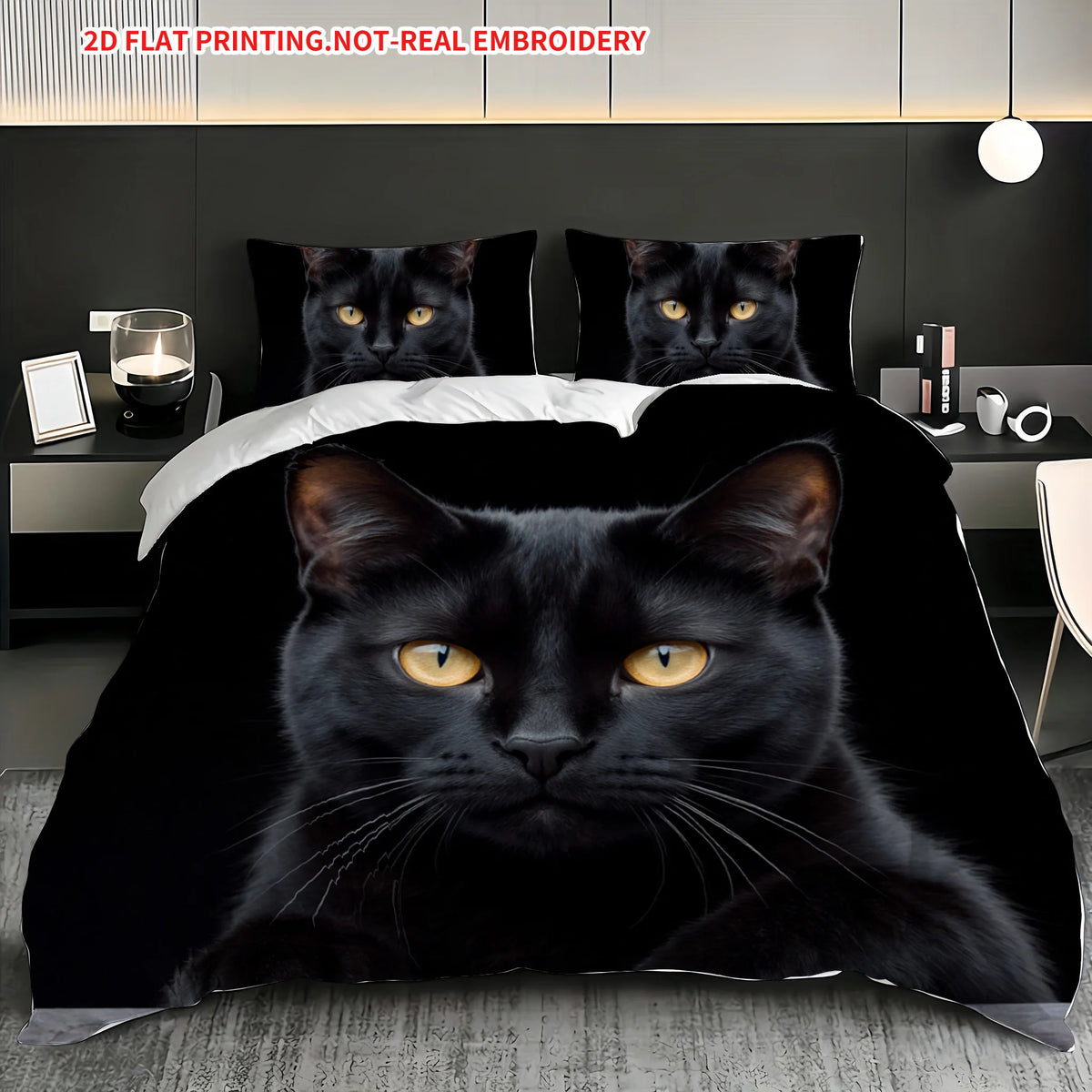 ensemble literie moderne couvre lit taies oreillers imprimé chat noir polyester coton lavable machine