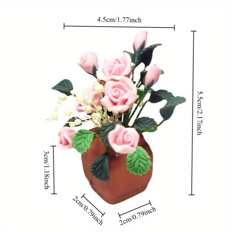 bouquet roses artificiel pot décoratif artisanal feuilles vertes fleurs blanchesintérieur réaliste miniature