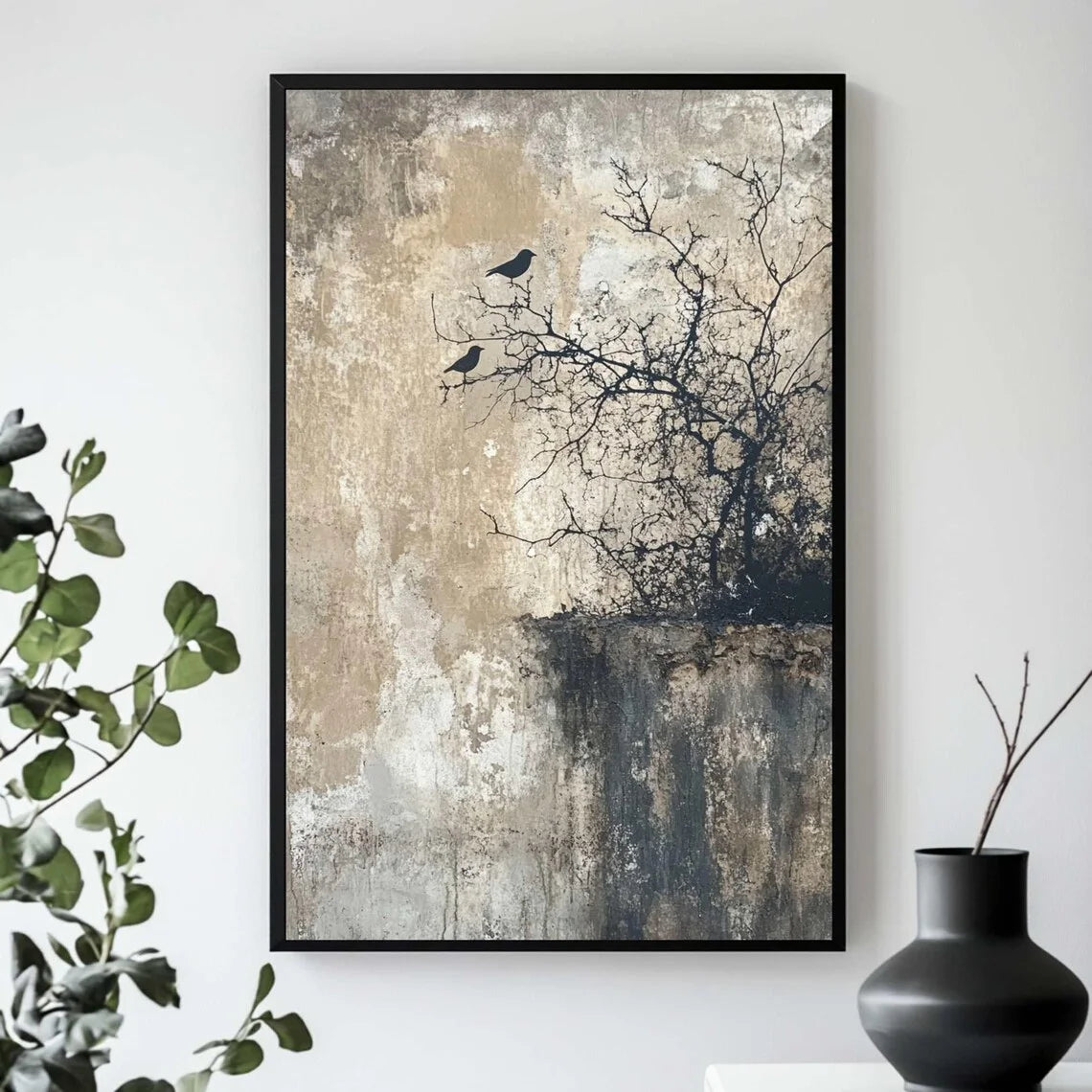 cadre mural abstrait contemporain branches noirs toile texturée minimaliste gris noir bleu