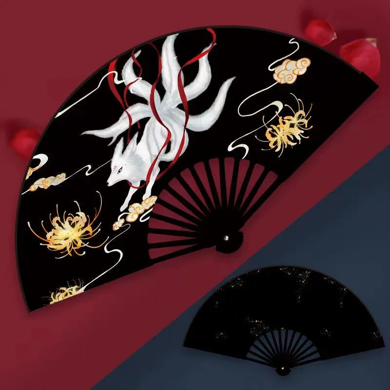 éventail traditionnel artisanal peinture artistique motifs floraux ruban décoratif couleurs vives