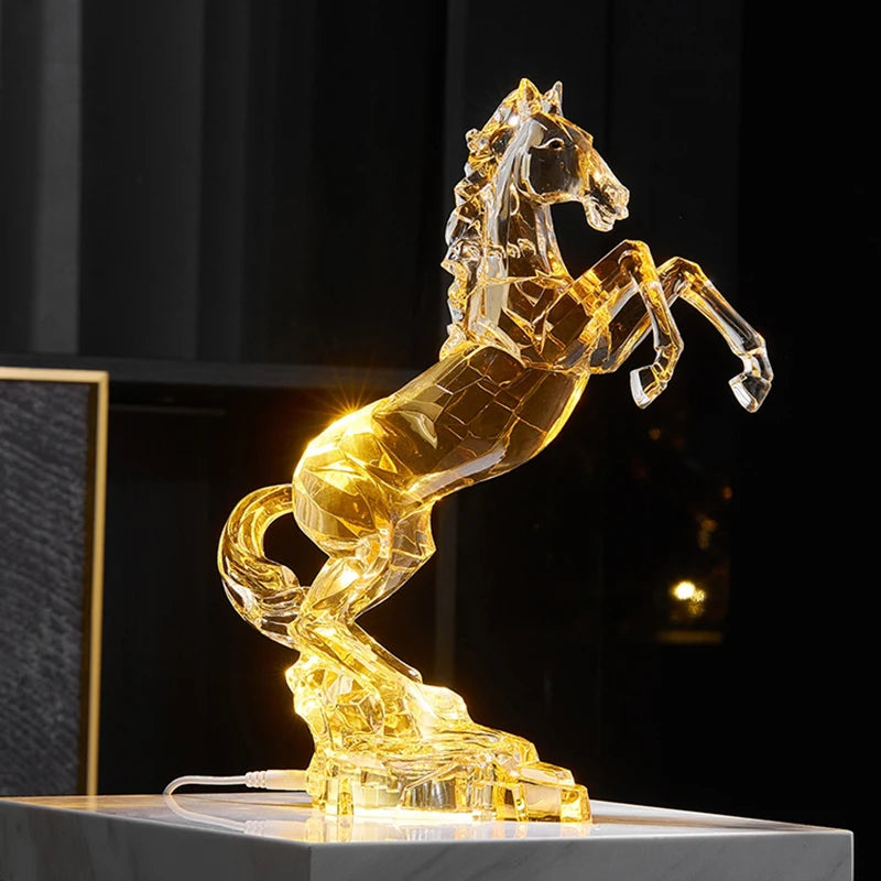 décoration moderne cheval cristal transparent facettes base rocher éclairage chambre