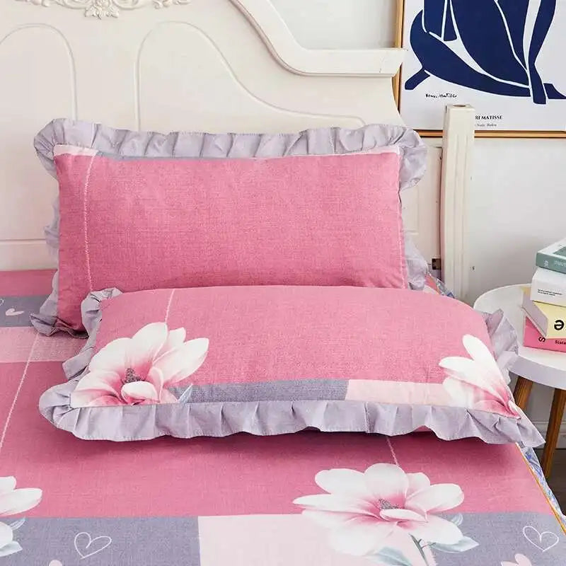ensemble deux taies d'oreiller bleu fleurs blanches romantique lit double coton polyester