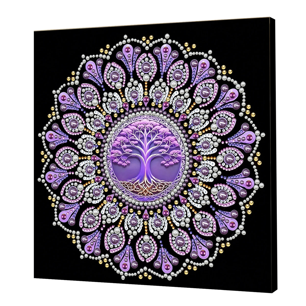 tableau décoratif mandala bleu blanc doré rose vert jaune violet orange contemporain 25x25cm