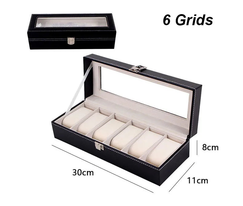 boîte rangement cuir noir montres bijoux élégante boutons fermeture moderne