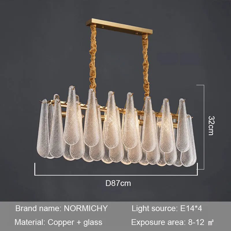 lustre moderne doré transparent géométrique chaîne cuivre flux lumineux salon restaurant