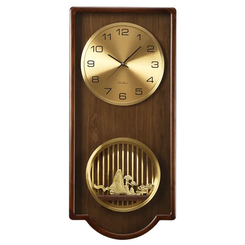 horloge murale bois grainé classique or noir décor asiatique personnages animaux