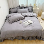 ensemble literie coton brossé ruffles romantique noir rose gris vert beige taies oreillers couverture