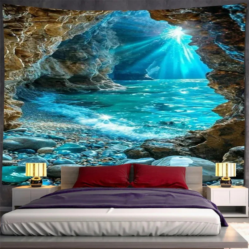 tapisserie murale bohème paysage marin rochers vagues plage bleu gris beige vert